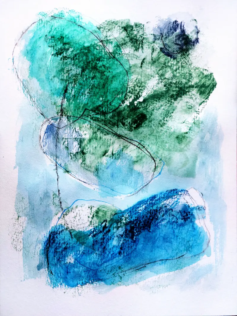 Abstract work by Ekke Scholz: floating colour forms in blue, turquoise and green, organically textured, vertically balanced on white ground.