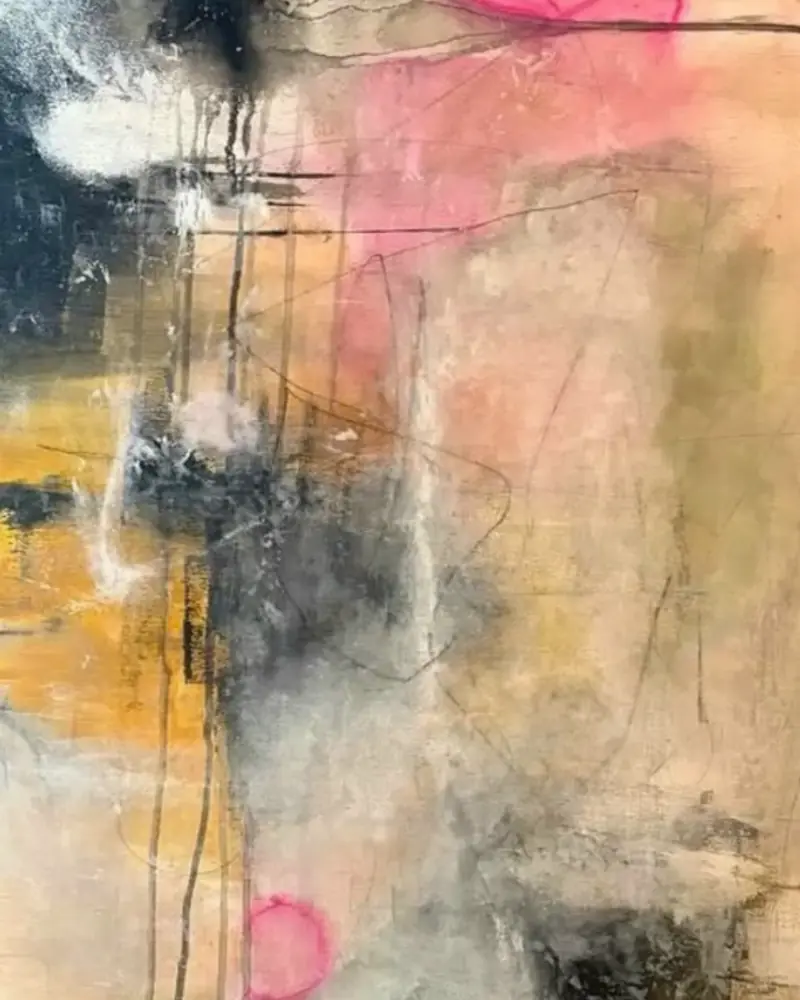 Abstract work by Sandra (@farbraum_k): warm, earthy colour field filling the entire surface, traversed by geometric lines and luminous pink accents.