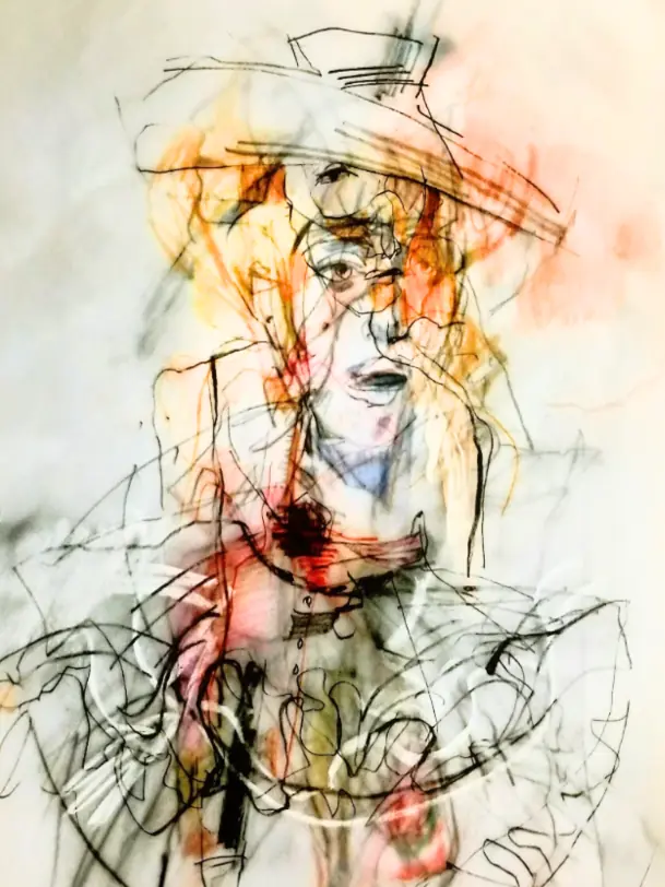 Figurative portrait, overlapping layers of colour and a web of lines.